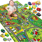Kids City Map with 12 Cars Pull-Back Vehicle Set Play Track Rugs Holiday Gift