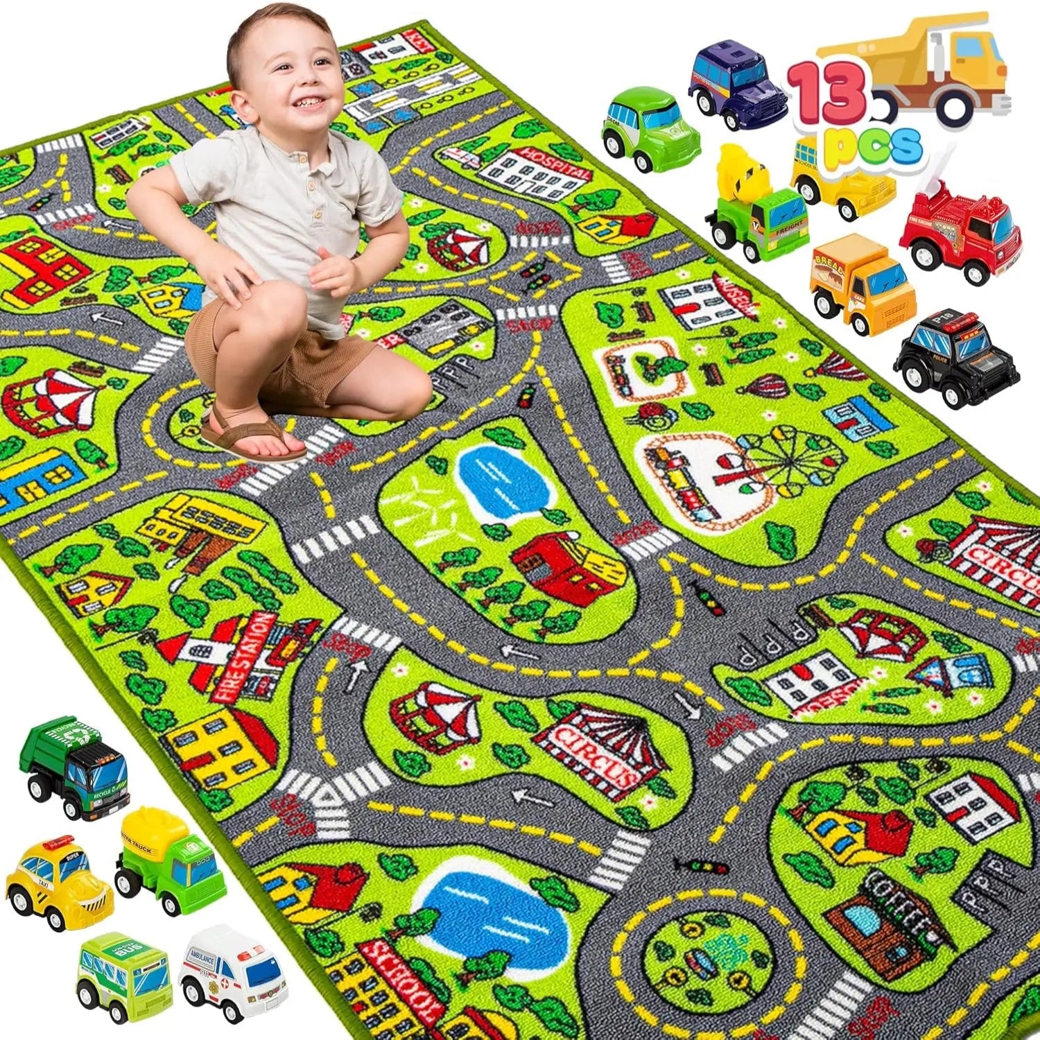 Kids City Map with 12 Cars Pull-Back Vehicle Set Play Track Rugs Holiday Gift