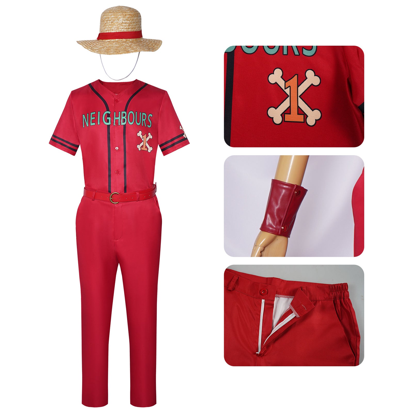 Straw Hat Loofie Costume Red Captain Adventure Cosplay Shirt Pants Hat and Accessories Suit