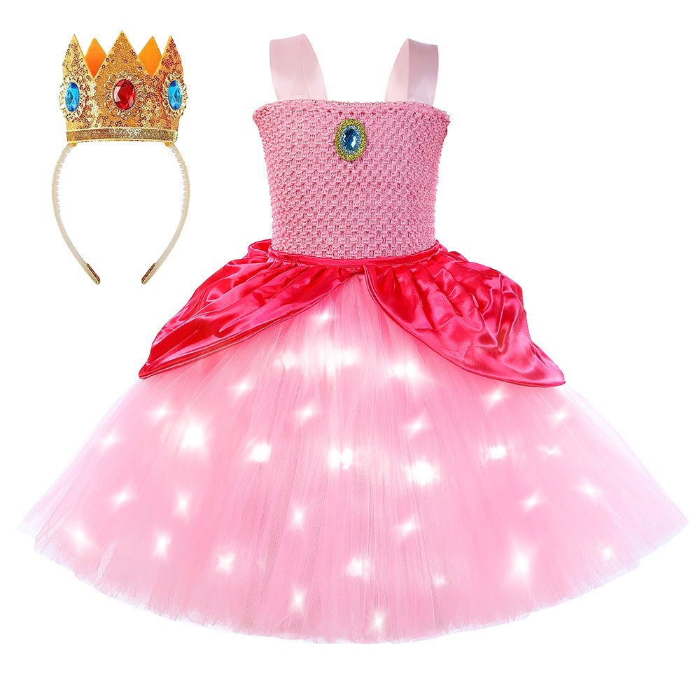 Light Up Princess Dress Pink Peach Tulle Tutu Dress with Crown for Birthday Party