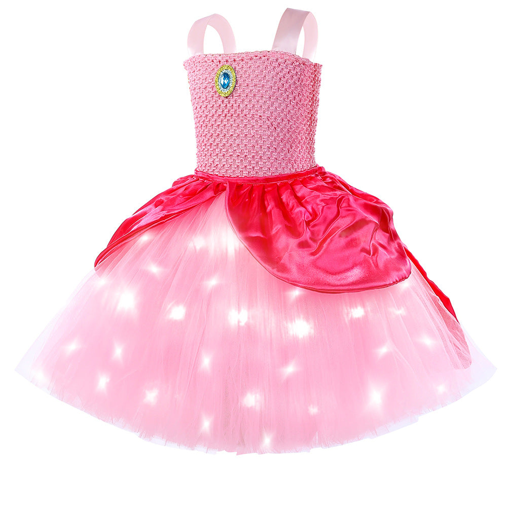 Light Up Princess Dress Pink Peach Tulle Tutu Dress with Crown for Birthday Party
