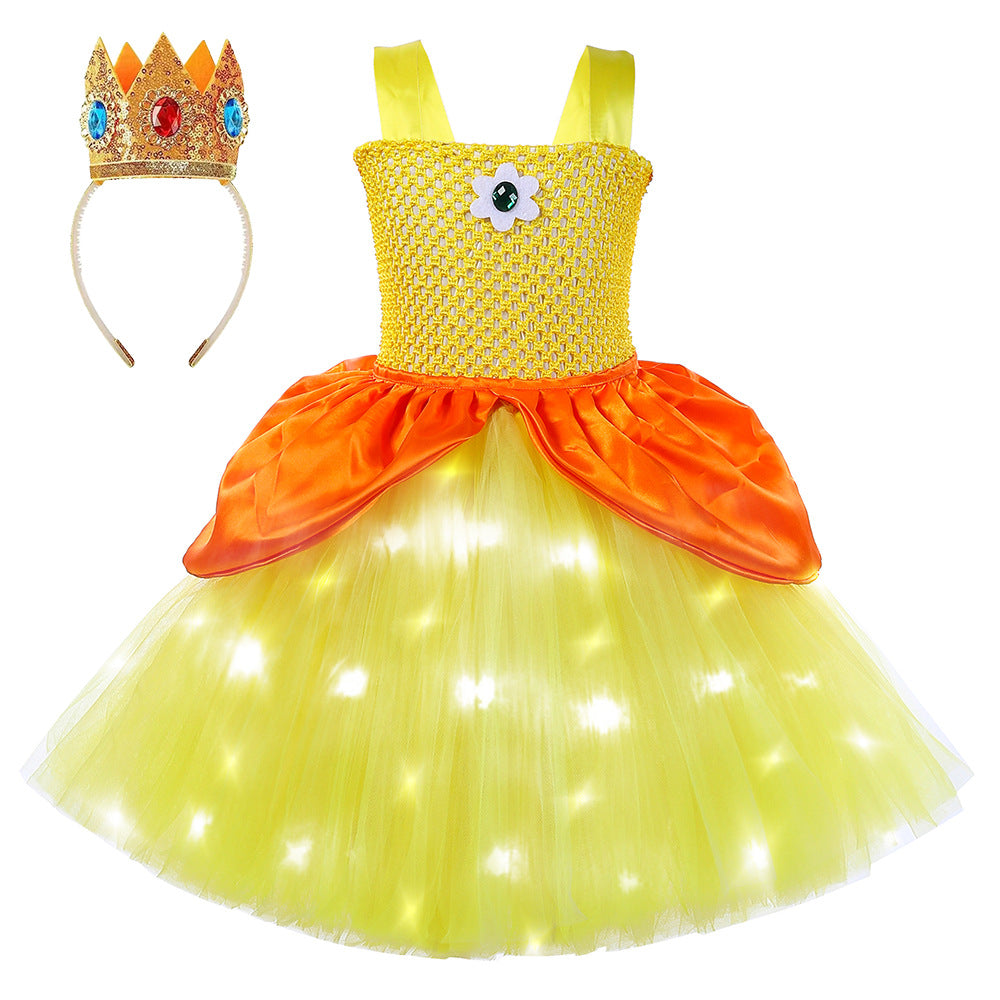 Light Up Princess Dress Pink Peach Tulle Tutu Dress with Crown for Birthday Party