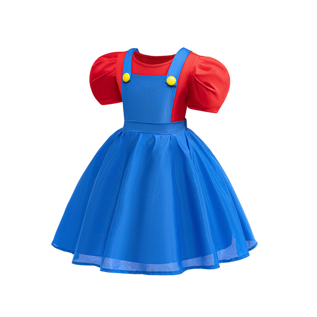 Super Bro Dress Blue Puff Sleeve Adventure Costume for Little Fans Game Player