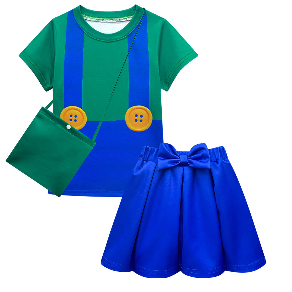 3pcs Plumber Hero Outfit Cute Shirt Pleated Bow Skirt and Matching Bag