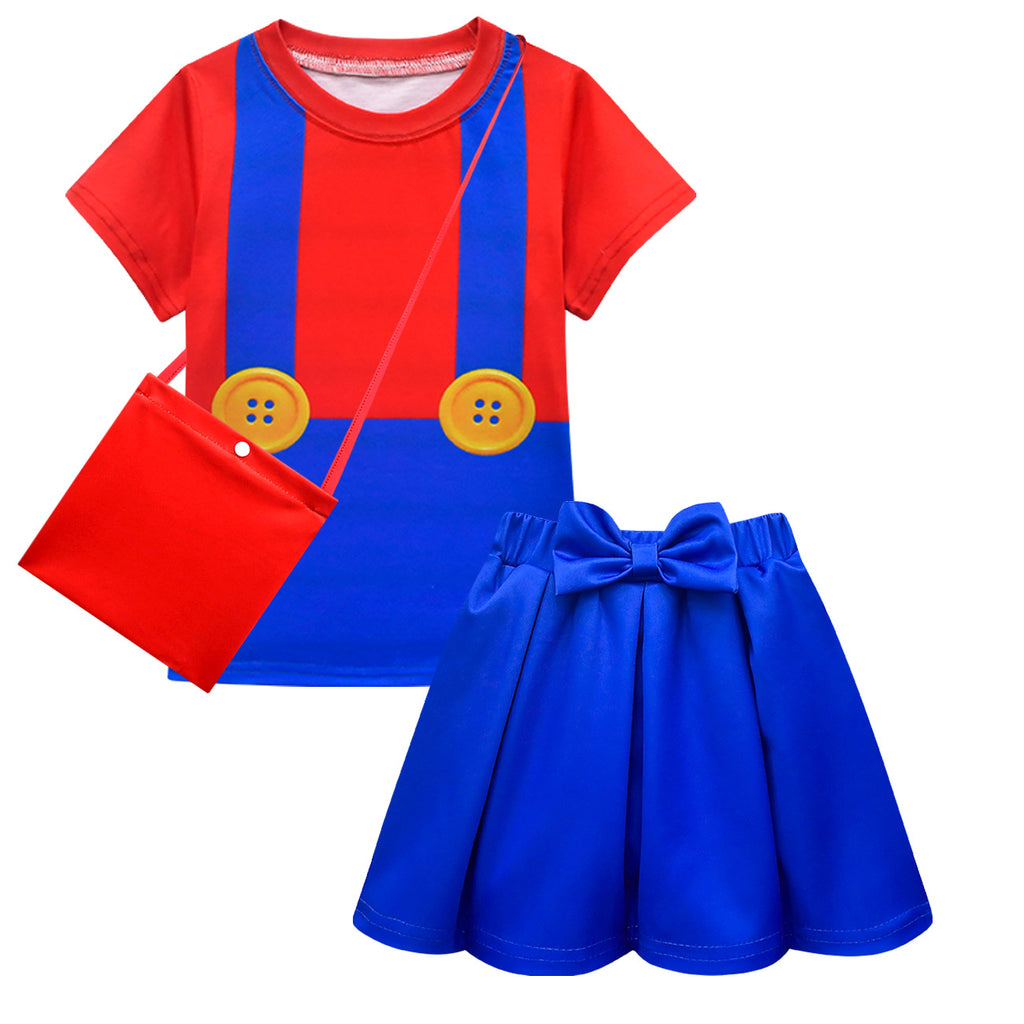 3pcs Plumber Hero Outfit Cute Shirt Pleated Bow Skirt and Matching Bag