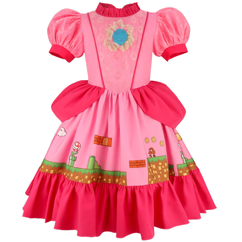 Adventures Princess Dress Pink Floral Chest Lace Gown with Classic Game Scene