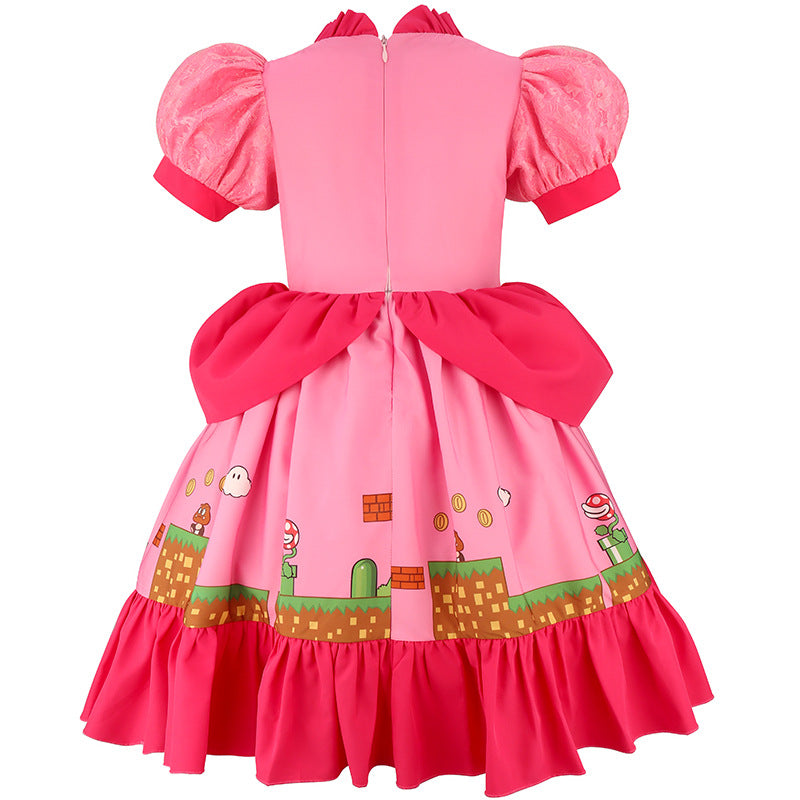 Adventures Princess Dress Pink Floral Chest Lace Gown with Classic Game Scene