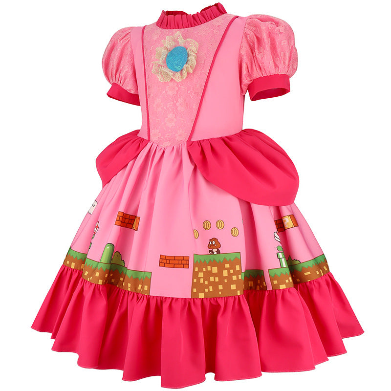 Adventures Princess Dress Pink Floral Chest Lace Gown with Classic Game Scene