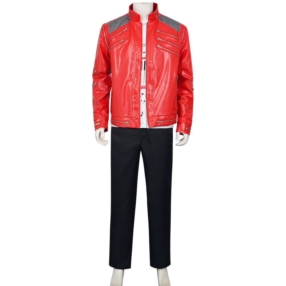 Kids Adults King of Pop Stage Performance Outfit Red 80s Shiny PU Leather Jacket and Pants Set for Fans Cosplay Events