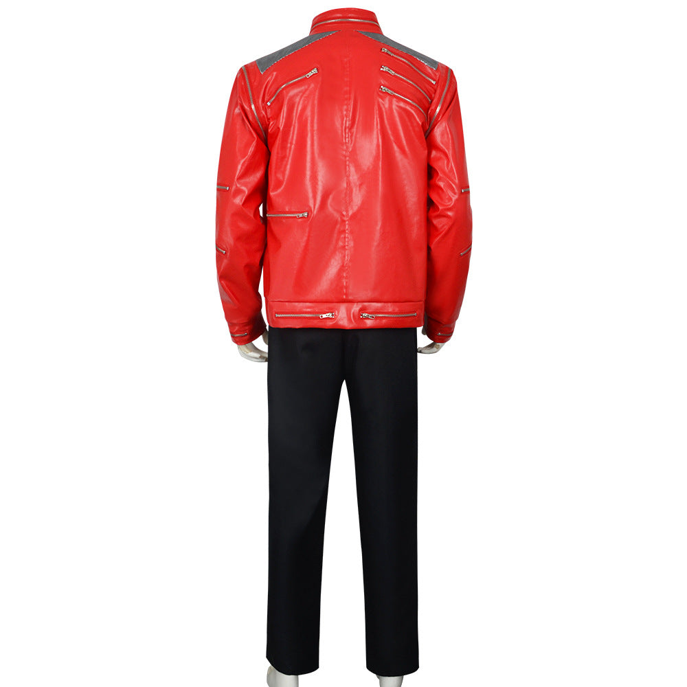 Kids Adults King of Pop Stage Performance Outfit Red 80s Shiny PU Leather Jacket and Pants Set for Fans Cosplay Events