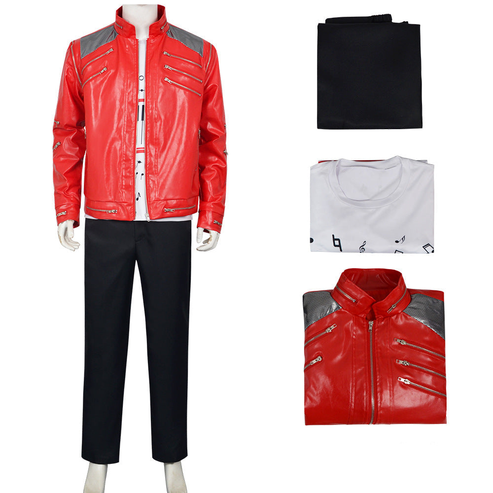 Kids Adults King of Pop Stage Performance Outfit Red 80s Shiny PU Leather Jacket and Pants Set for Fans Cosplay Events