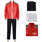 Kids Adults King of Pop Stage Performance Outfit Red 80s Shiny PU Leather Jacket and Pants Set for Fans Cosplay Events
