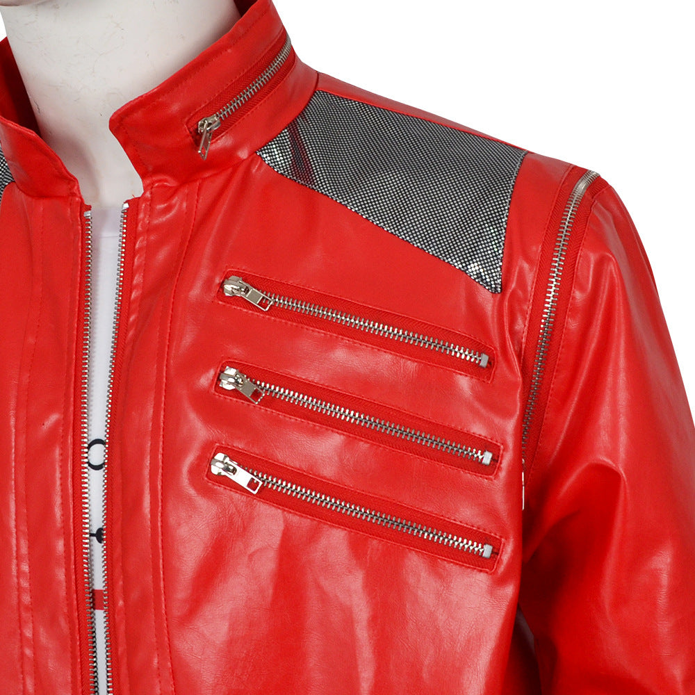 Kids Adults King of Pop Stage Performance Outfit Red 80s Shiny PU Leather Jacket and Pants Set for Fans Cosplay Events