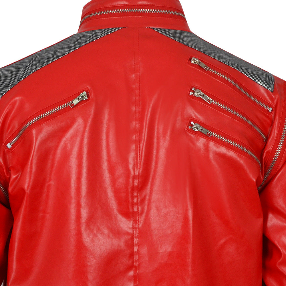 Kids Adults King of Pop Stage Performance Outfit Red 80s Shiny PU Leather Jacket and Pants Set for Fans Cosplay Events