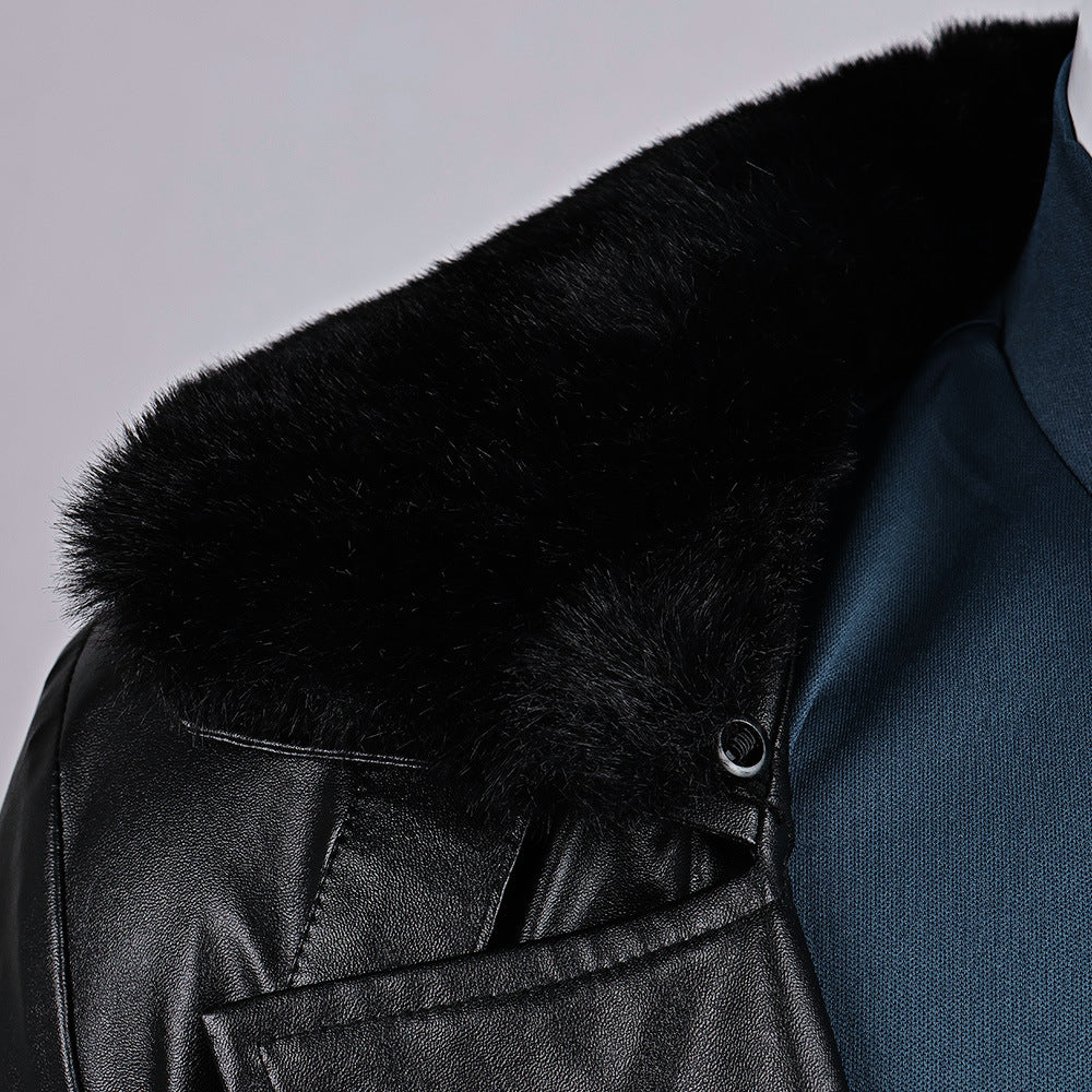 Survival Horror Agent Tactical Outfit Black Leather Coat with Fur Collar Blue Inner Shirt and Pants for Cosplay