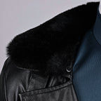 Survival Horror Agent Tactical Outfit Black Leather Coat with Fur Collar Blue Inner Shirt and Pants for Cosplay