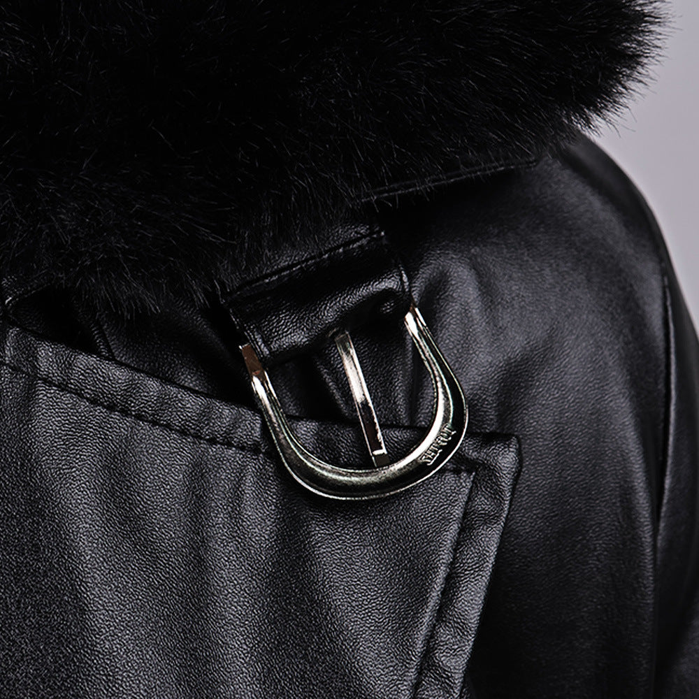 Survival Horror Agent Tactical Outfit Black Leather Coat with Fur Collar Blue Inner Shirt and Pants for Cosplay