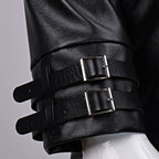 Survival Horror Agent Tactical Outfit Black Leather Coat with Fur Collar Blue Inner Shirt and Pants for Cosplay