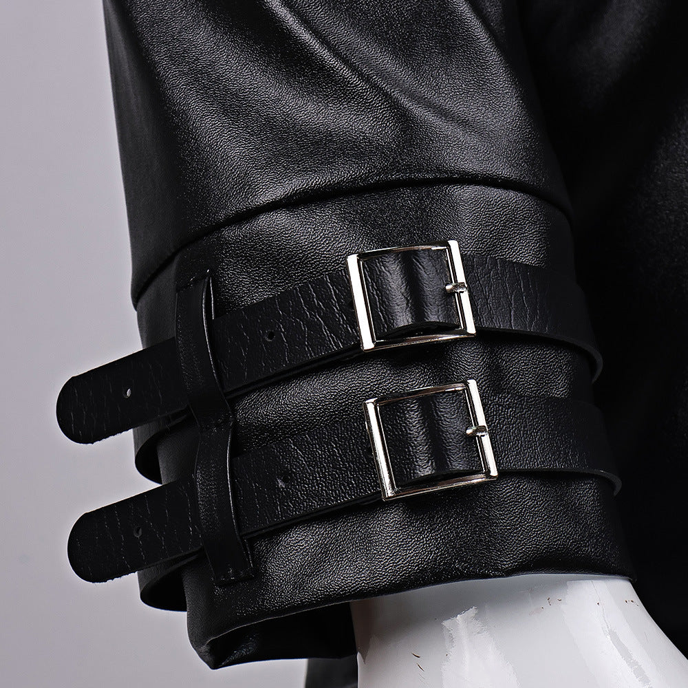 Survival Horror Agent Tactical Outfit Black Leather Coat with Fur Collar Blue Inner Shirt and Pants for Cosplay