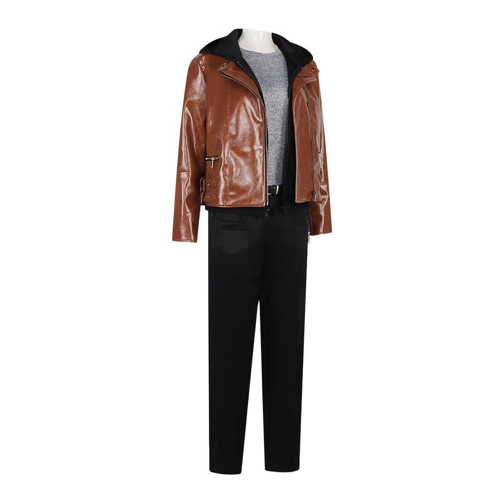 Retro 90s Journalist Costume Classic Survival Horror Style Leather Jacket Pants Suit for Game Roleplay