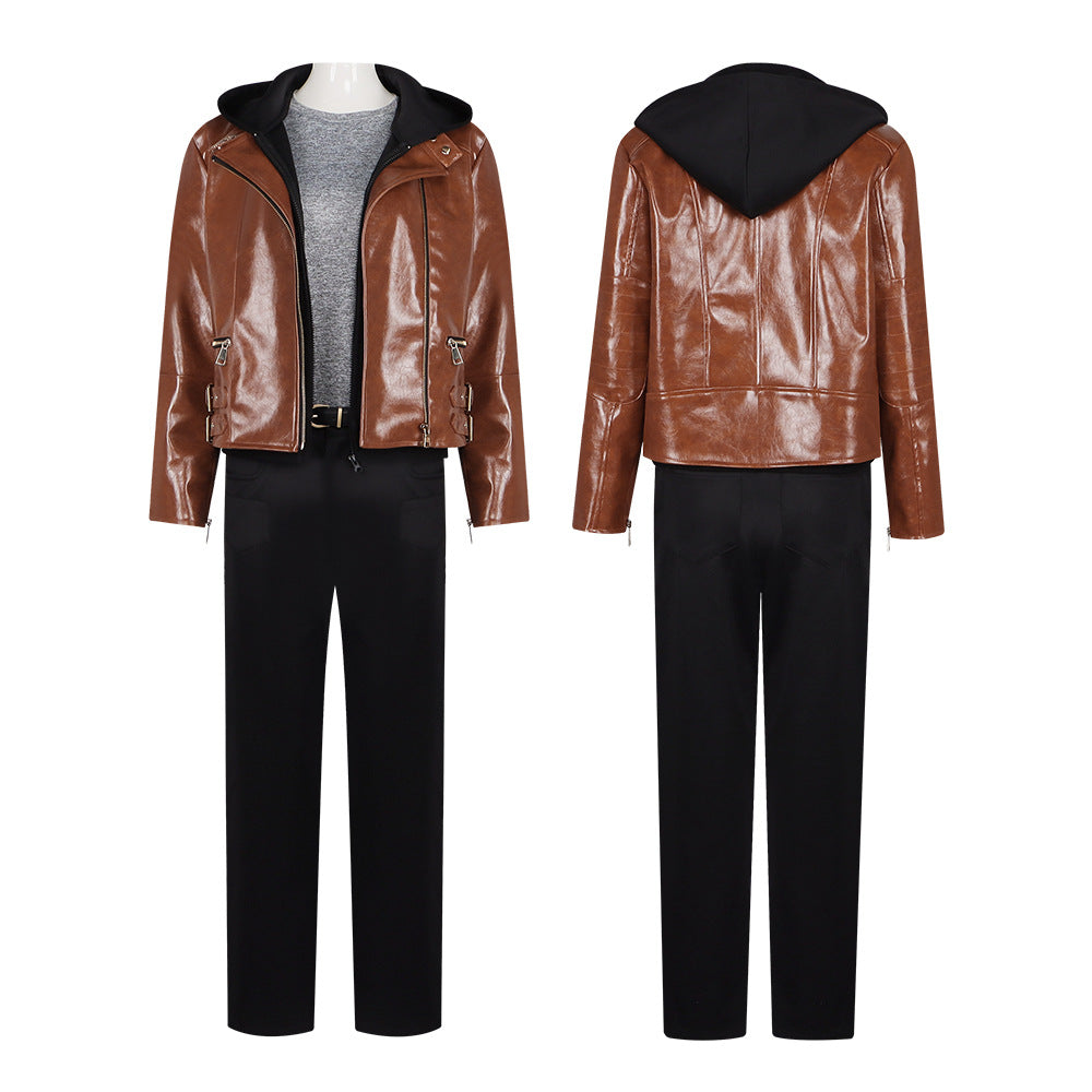 Retro 90s Journalist Costume Classic Survival Horror Style Leather Jacket Pants Suit for Game Roleplay