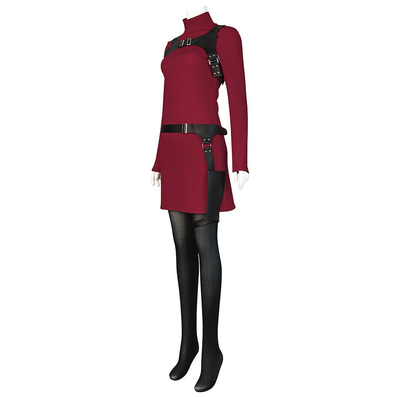 Mystery Agent Tactical Costume The Spy in Red Dress with Faux Leather Body Harness and Holster for Roleplay Events