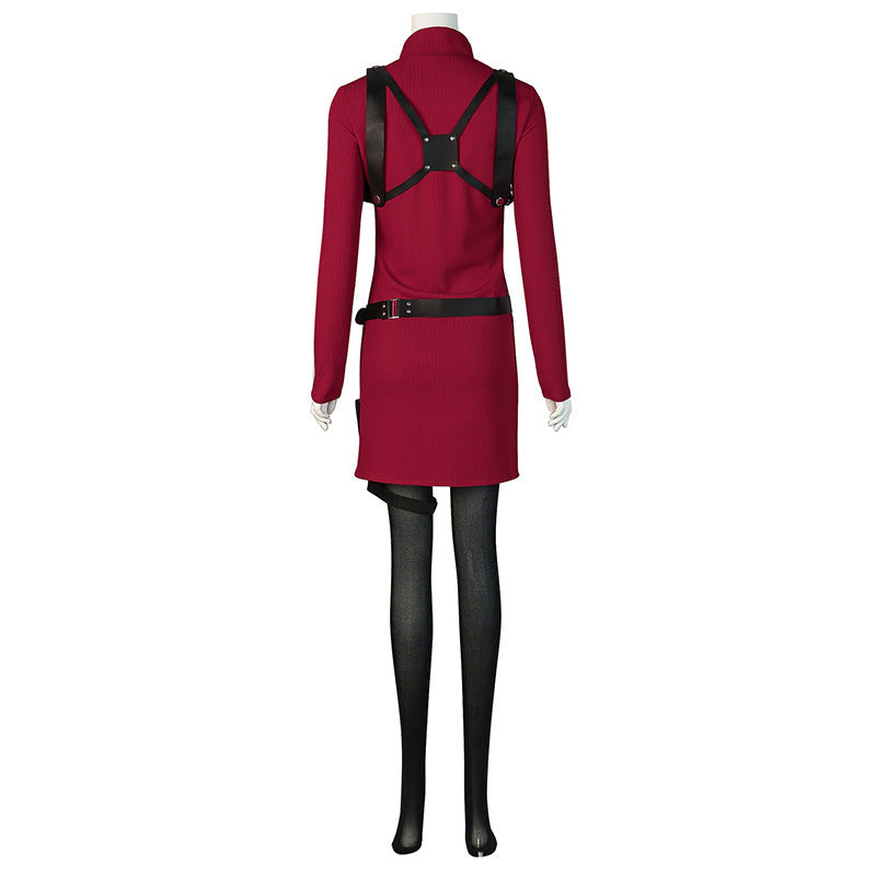Mystery Agent Tactical Costume The Spy in Red Dress with Faux Leather Body Harness and Holster for Roleplay Events