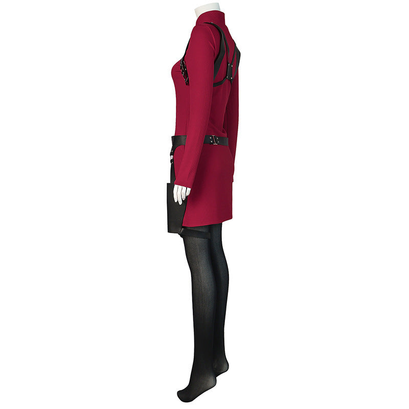 Mystery Agent Tactical Costume The Spy in Red Dress with Faux Leather Body Harness and Holster for Roleplay Events