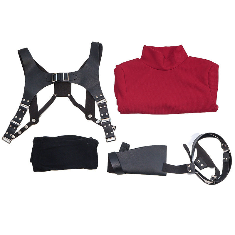 Mystery Agent Tactical Costume The Spy in Red Dress with Faux Leather Body Harness and Holster for Roleplay Events