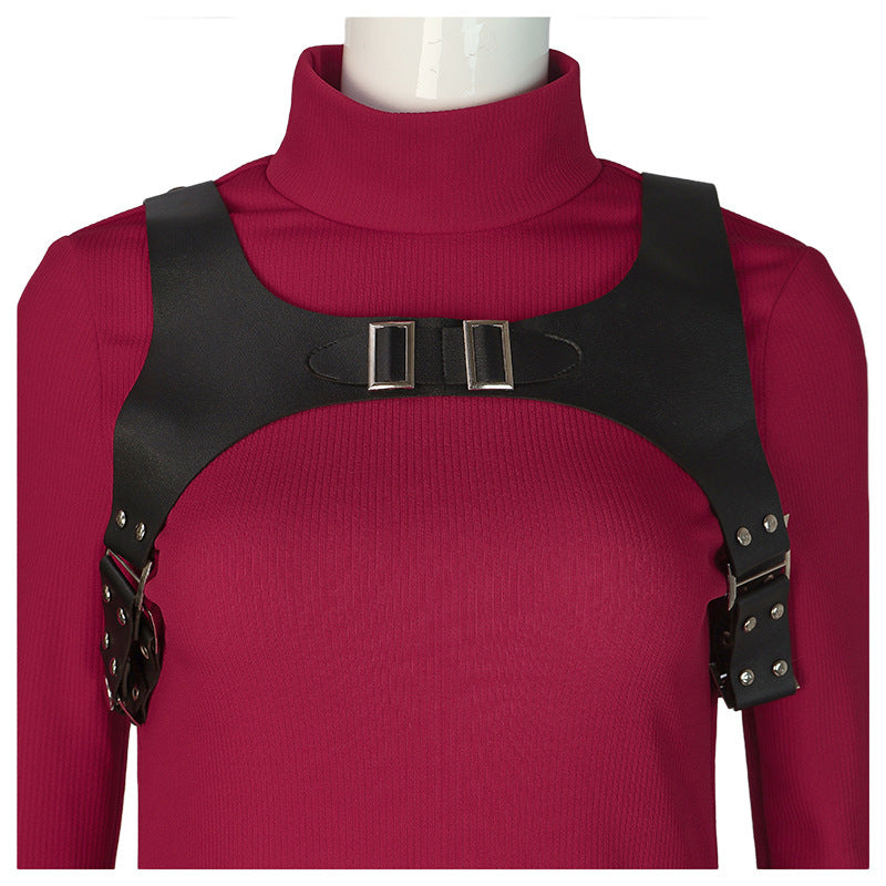Mystery Agent Tactical Costume The Spy in Red Dress with Faux Leather Body Harness and Holster for Roleplay Events