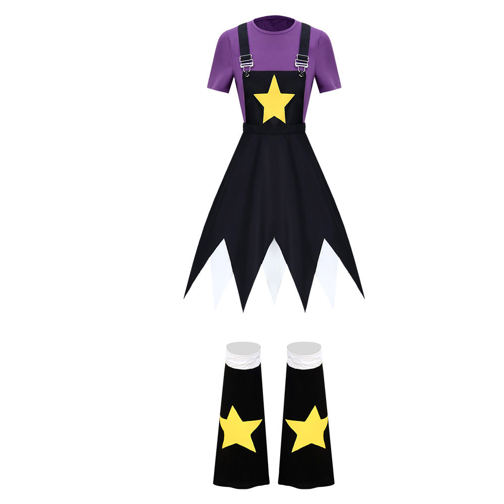 Star Doll Costume Purple Shirt with Suspender Skirt and Matching Leg Covers for Horror Game Fans