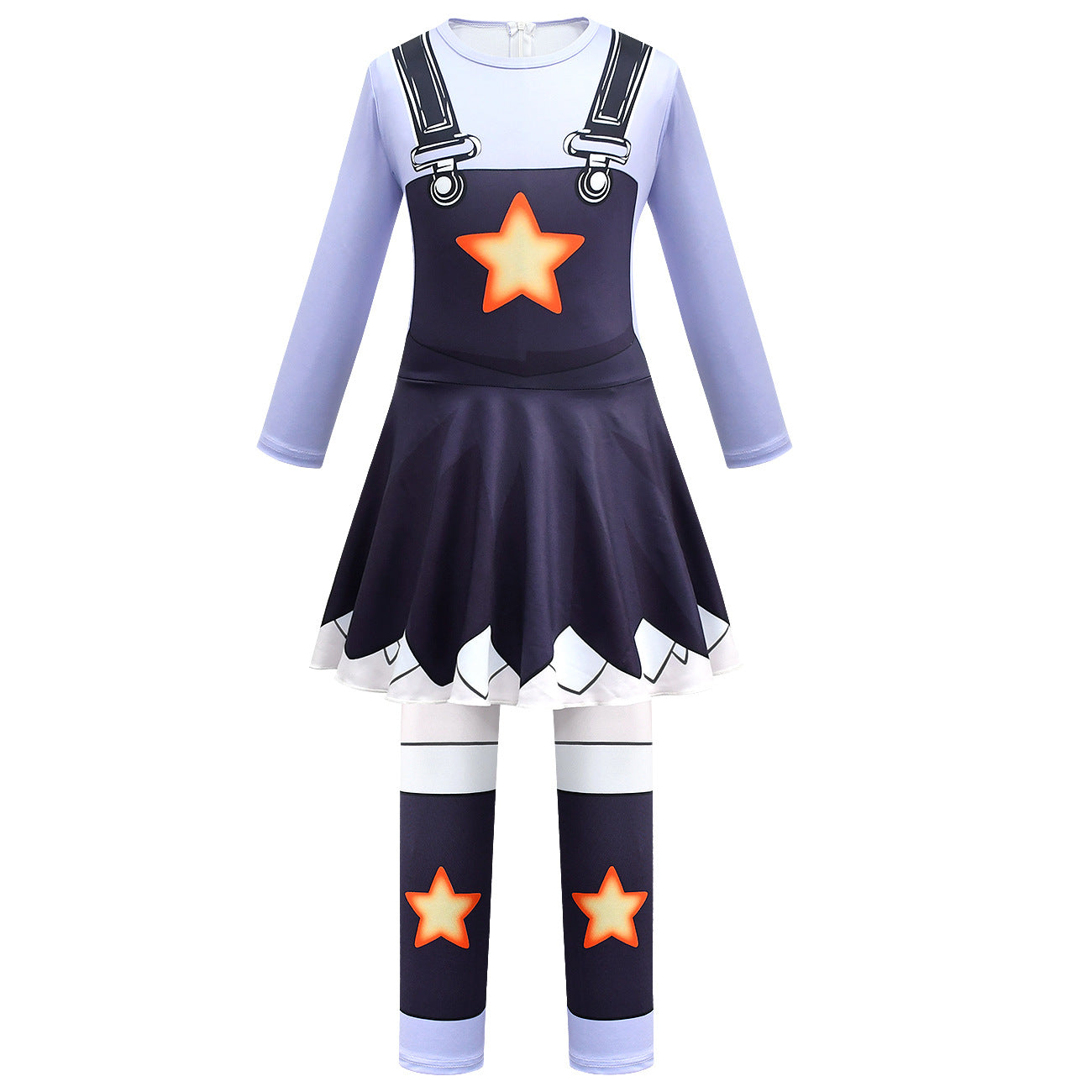 Creepy Doll Costume Purple Star Dress with Elastic Pants and Bag for Immersive Roleplay