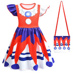 Jester Outfit Red and Blue Ruffle Sleeve Dress with Matching Bag for Carnival and Game Cosplay