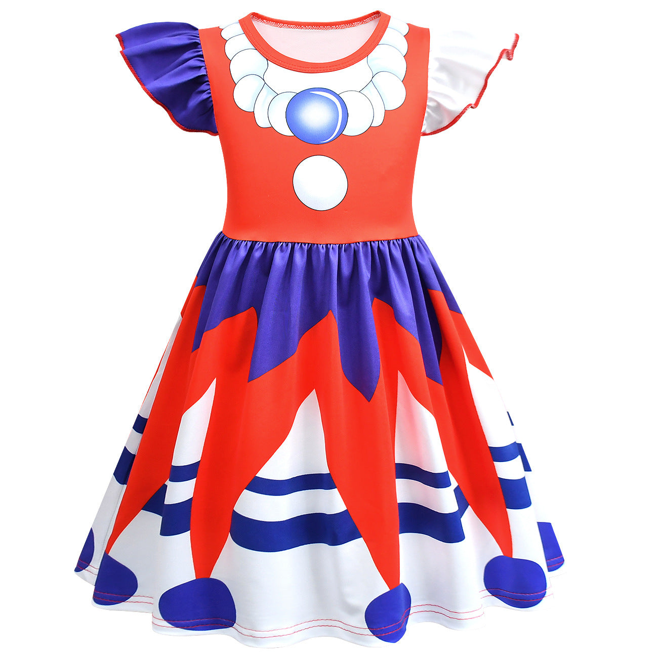 Jester Outfit Red and Blue Ruffle Sleeve Dress with Matching Bag for Carnival and Game Cosplay