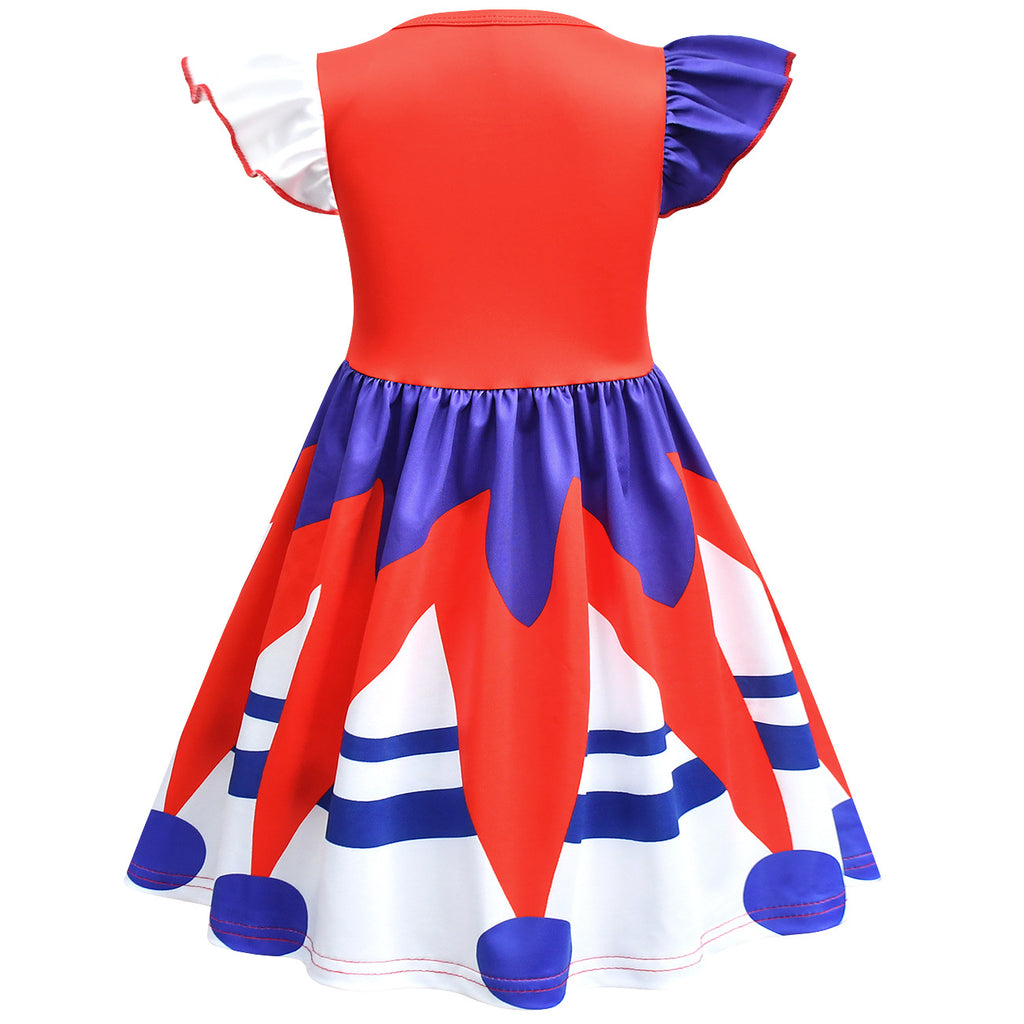 Jester Outfit Red and Blue Ruffle Sleeve Dress with Matching Bag for Carnival and Game Cosplay