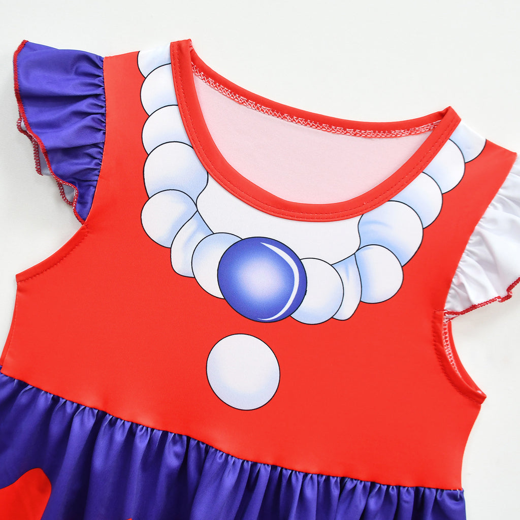 Jester Outfit Red and Blue Ruffle Sleeve Dress with Matching Bag for Carnival and Game Cosplay