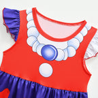 Jester Outfit Red and Blue Ruffle Sleeve Dress with Matching Bag for Carnival and Game Cosplay