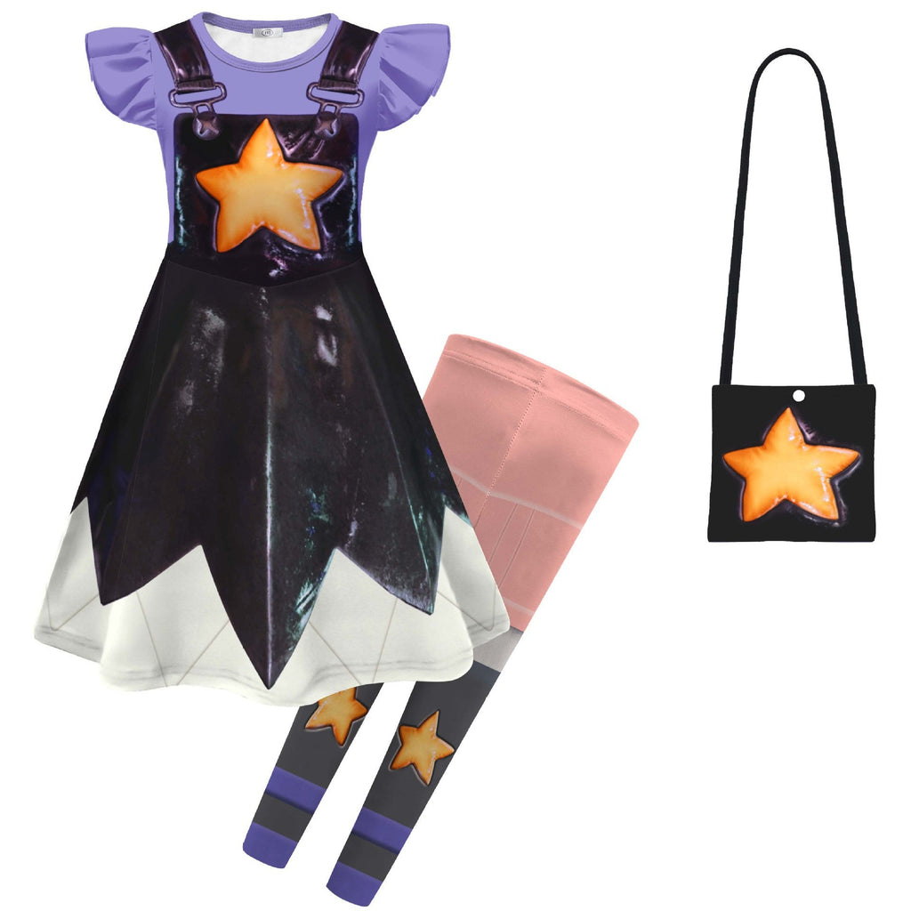 Horror Game Doll Outfit Purple Flutter Sleeves Dress Bag with Leggings for Themed Event