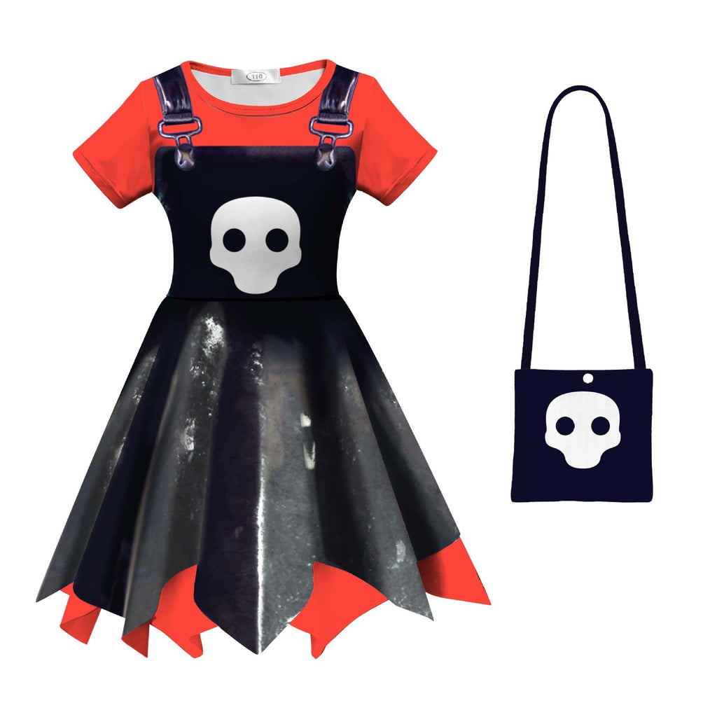 Girls Game Inspired Doll Costume Black Asymmetric Hem Dress Bag and Leggings Suit for Spooky Dress-Up Party 4-10Y