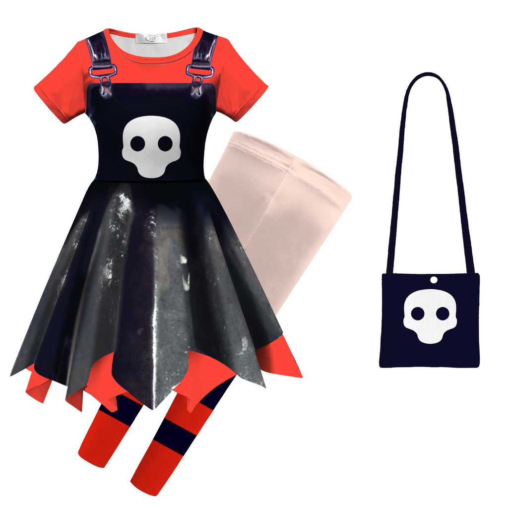 Girls Game Inspired Doll Costume Black Asymmetric Hem Dress Bag and Leggings Suit for Spooky Dress-Up Party 4-10Y