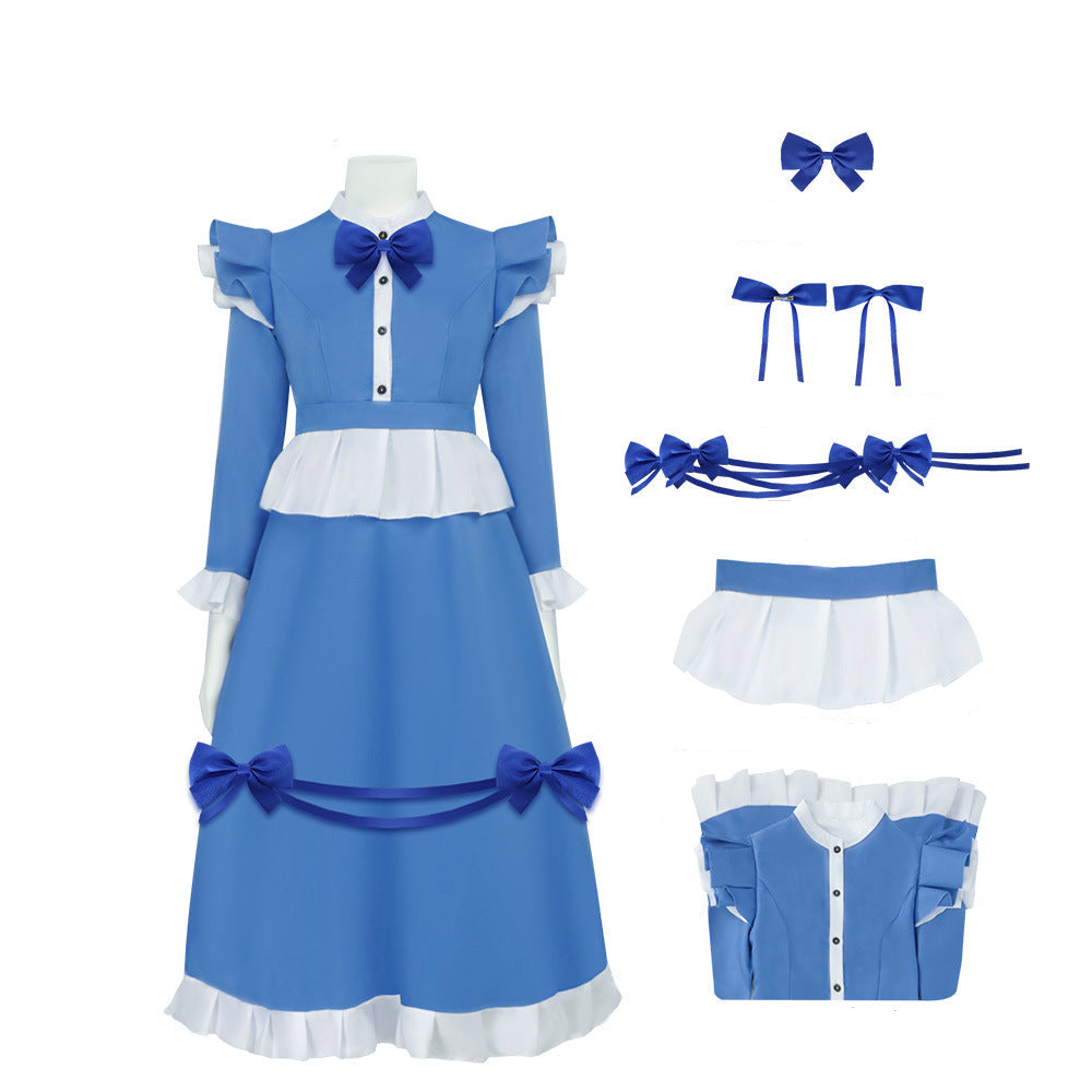 Girls The Incredible Doll Costume Blue Maid Dress with Matching Bow Accessories for Halloween Cosplay Theme Parties