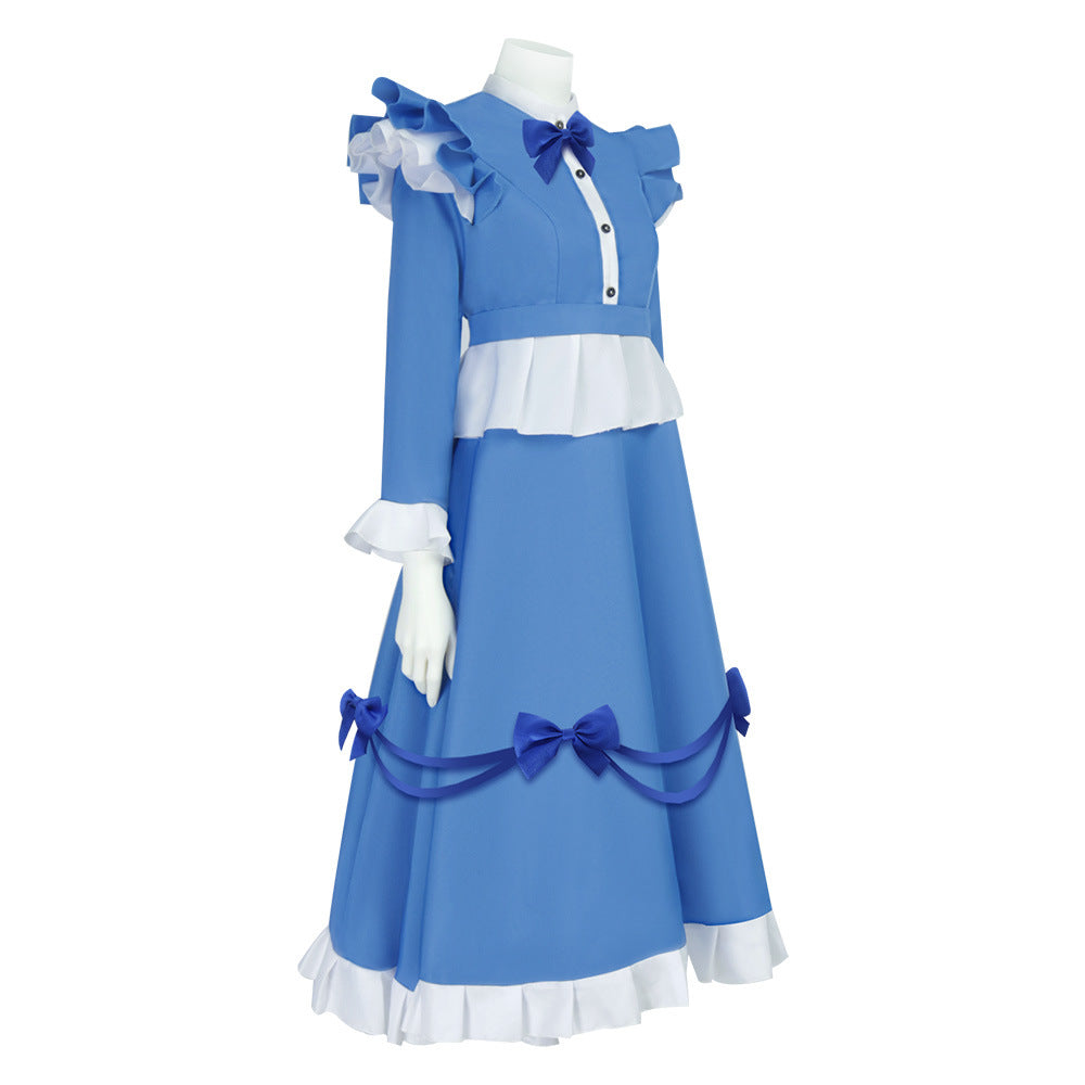 Girls The Incredible Doll Costume Blue Maid Dress with Matching Bow Accessories for Halloween Cosplay Theme Parties