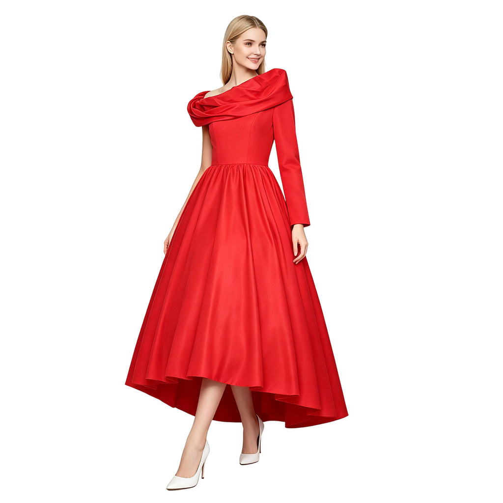 Women The Devil Miranda Gown Chief Editor Red One-Sleeve Off Shoulder Satin High Low Dress for Formal Events
