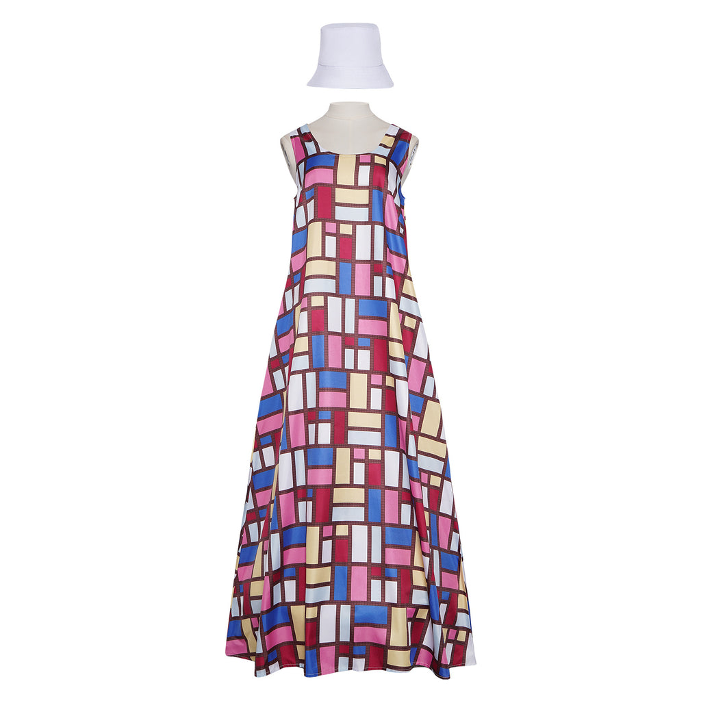 Women's Andy Inspired Mondrian Maxi Dress Sleeveless Color Block Dress with Matching Hat for Daily Wear Summer Vacation