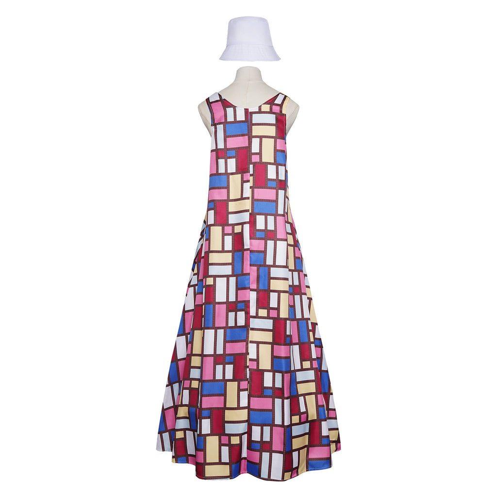 Girls' Andy Color Block Dress Mondrian Sleeveless Summer Sun Dress with Hat Set for Vacation
