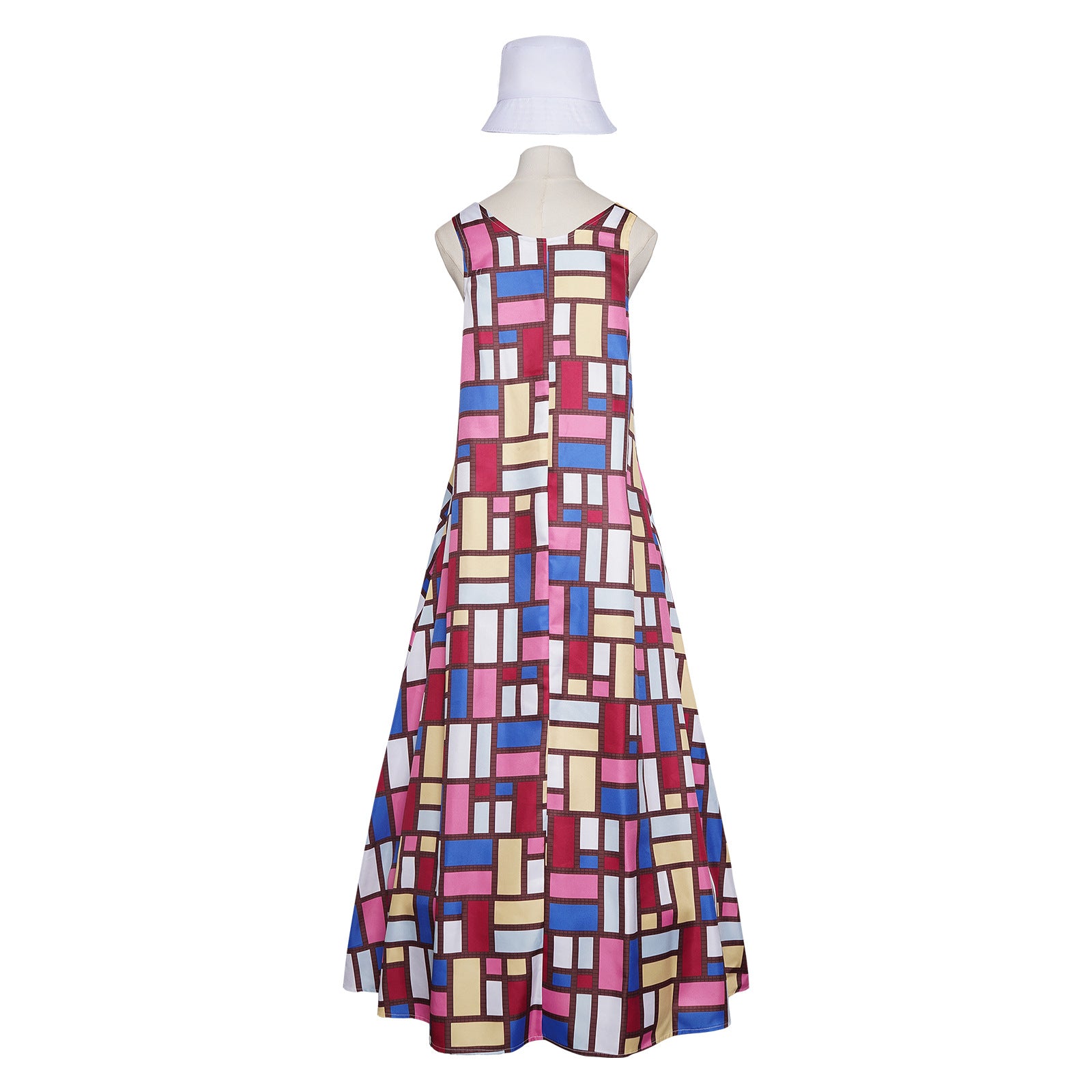 Girls' Andy Color Block Dress Mondrian Sleeveless Summer Sun Dress with Hat Set for Vacation