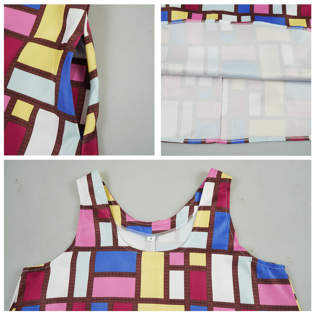 Women's Andy Inspired Mondrian Maxi Dress Sleeveless Color Block Dress with Matching Hat for Daily Wear Summer Vacation