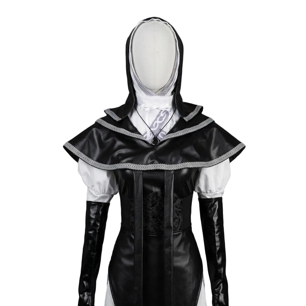 Women's Undertaker Costume Black Gothic Priestess Cosplay Dress with Hood for Halloween Carnival Parties