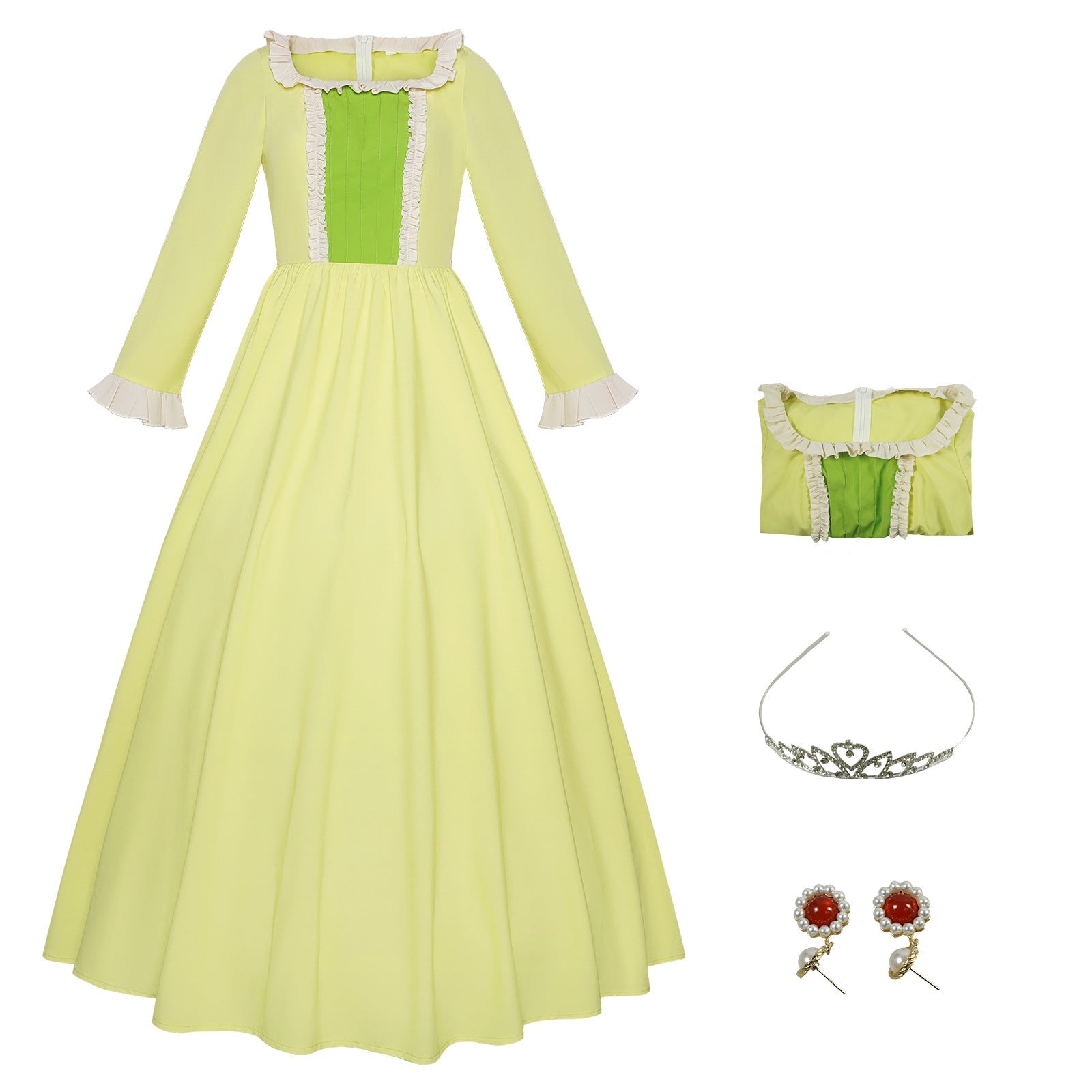 Girls Amber Princess Costume Lime Green Long Sleeve Dress with Crown and Earings for Themed Party