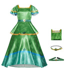 Girls Princess Camila Costume Green Double-layered Ruffled Sleeves Elegant Gown with Accessorie for Cosplays